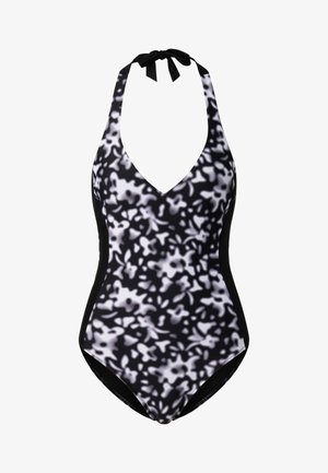 Black and white floral halter neck one-piece swimsuit with a deep V neckline and side panel accents.