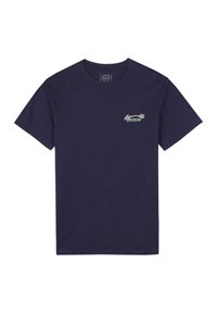 T-shirt bleu marine en coton, avec un petit logo floral multicolore sur la poitrine gauche. Encolure classique et manches courtes.