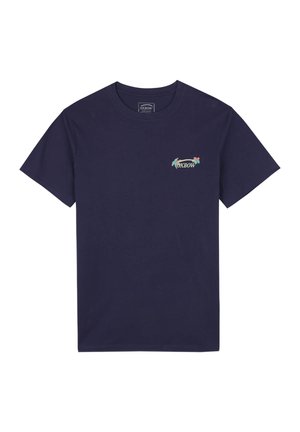 T-shirt bleu marine en coton, avec un petit logo floral multicolore sur la poitrine gauche. Encolure classique et manches courtes.