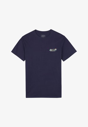 T-shirt bleu marine en coton, avec un petit logo floral multicolore sur la poitrine gauche. Encolure classique et manches courtes.