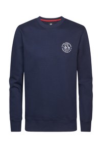 Sudadera de color azul marino con mangas largas, cuello redondo y un pequeño logotipo circular blanco en el pecho. Textura suave y puños acanalados.