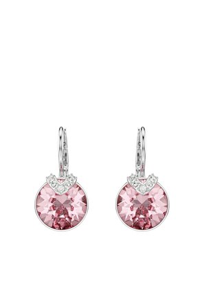 Pink crystal earrings with a circular design, featuring a silver accent and small clear stones above the main stones. Polished metal finish.