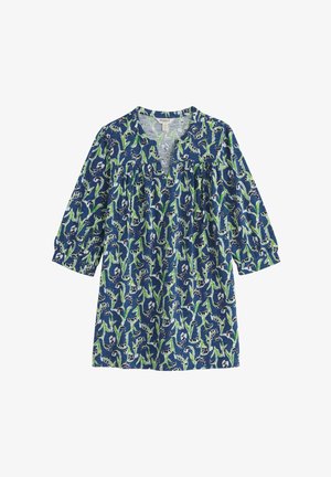 Sinine tuunika rohelise ja valge lillemustriga, kolmeveerand varrukatega ja lõhikuga kaelusega.