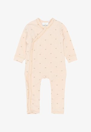 Body neonato rosa pallido realizzato in morbido tessuto, con piccoli motivi a cuore dorato. Design avvolgente con chiusure a pressione e bottoni sul lato.