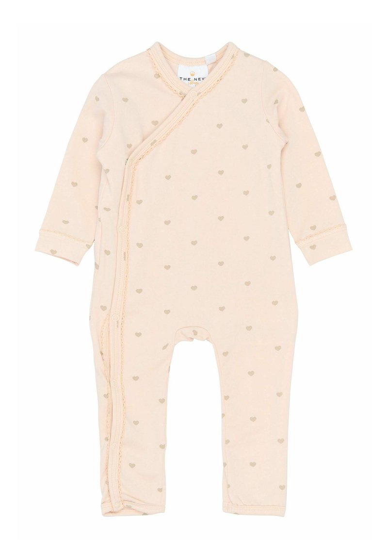 Kerge roosa beebimüts, mis on valmistatud pehmest kangast ning millel on väiksed kuldsed südame mustrid. Ümber mähitav disain, külgedel nööpide ja klõpsudega kinnitamine.