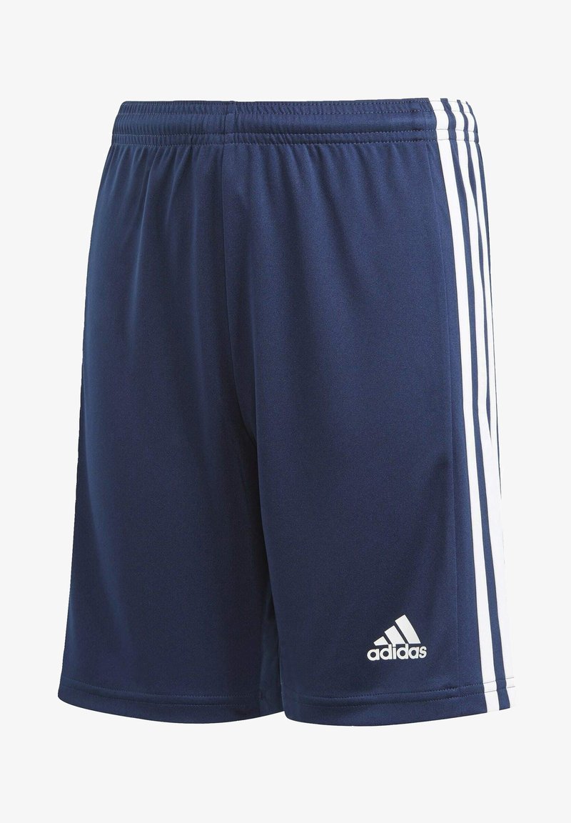 Navy athletic shorts made of lightweight fabric with a stretchy waistband, featuring three white stripes along the sides and an Adidas logo.