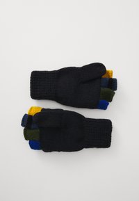 Black knitted gloves with a ribbed cuff, featuring colorful tips in yellow, blue, green, and black. Soft texture with a simple design.