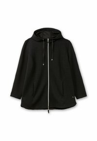 Giacca nera con cappuccio, dotata di zip frontale completa, due tasche laterali e una sottile trama a chevron sul tessuto.