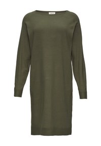 Zielonooliwkowa dzianinowa sukienka ze swetrowym wykończeniem, długie rękawy, okrągły dekolt, kieszenie boczne, prążkowane mankiety i dół, miękka tekstura, długość do kolan.