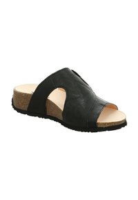 Zwarte slippers met een gestructureerd bovenwerk, open teen en een middenzool van kurk. Voorzien van een uitgesneden zijkant en een flexibele rubberen buitenzool.