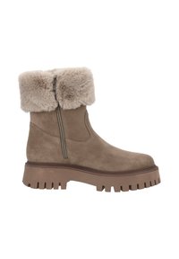 Stivaletto alla caviglia in camoscio color taupe, con risvolto in pelliccia morbida, cerniera laterale, suola spessa in gomma con scanalature profonde per una migliore aderenza.