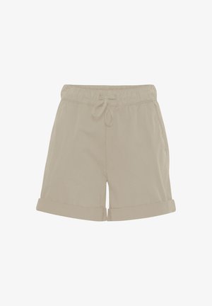 Beigās šortos, kas izgatavoti no viegla auduma, ir elastīga josta ar saišu, sānu kabatām un apdari ar apmali.