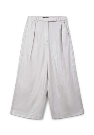 Light gray wide-leg trousers made of a shiny fabric. Features pleats and a tailored waistband. Smooth texture with a loose fit.