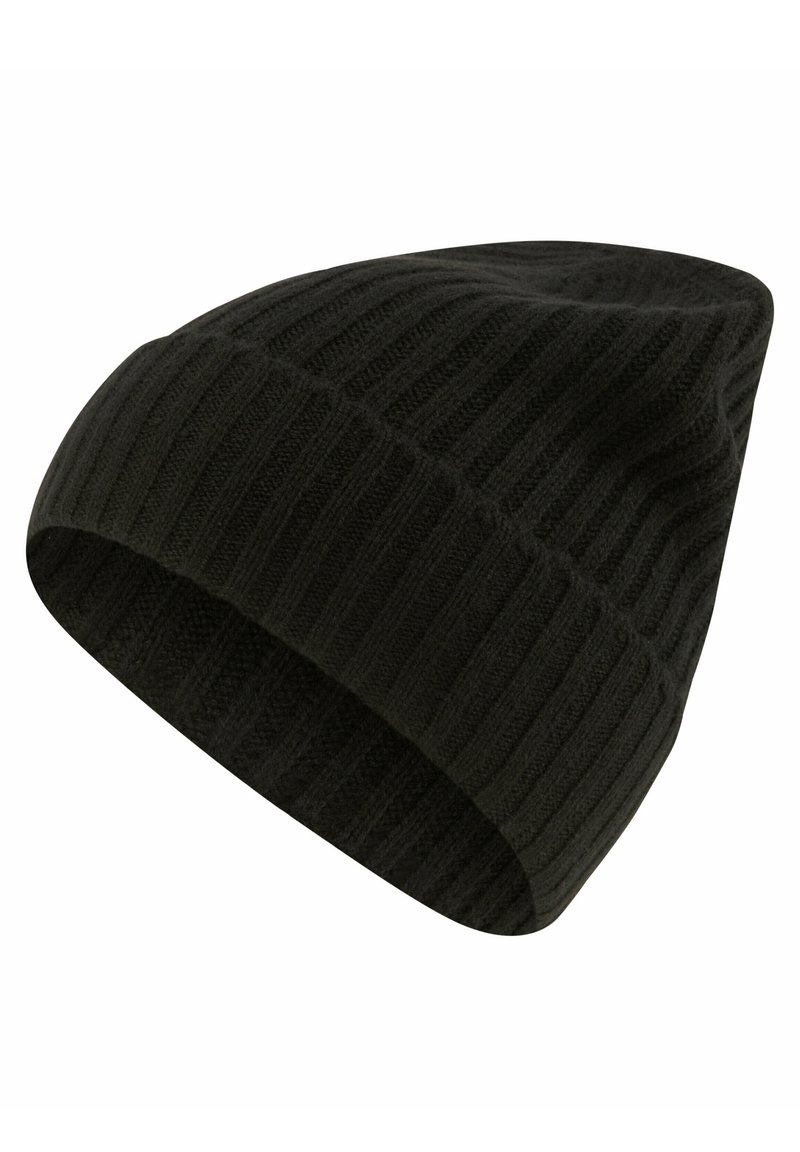 Berretto in maglia nera con texture a coste, dotato di un design morbido e risvolto. Materiale morbido adatto per il freddo.