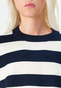 Gros plan d'une personne aux cheveux blond clair portant un pull à rayures horizontales bleu marine et blanc avec un col rond côtelé.