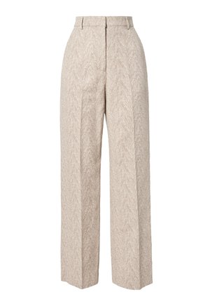 Μπεζ παντελόνια ψηλόμεσα, με φαρδύ πόδι, διακριτικό σχέδιο σε σχήμα ζιγκ-ζαγκ και θηλιές για ζώνη, με κρυφή εμπρόσθια στερέωση κάτω από λωρίδα υφάσματος.