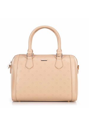 Borsa a mano in pelle beige con due manici superiori, motivo floreale impresso, accessori in argento e chiusura a zip sulla parte superiore. Forma rettangolare.