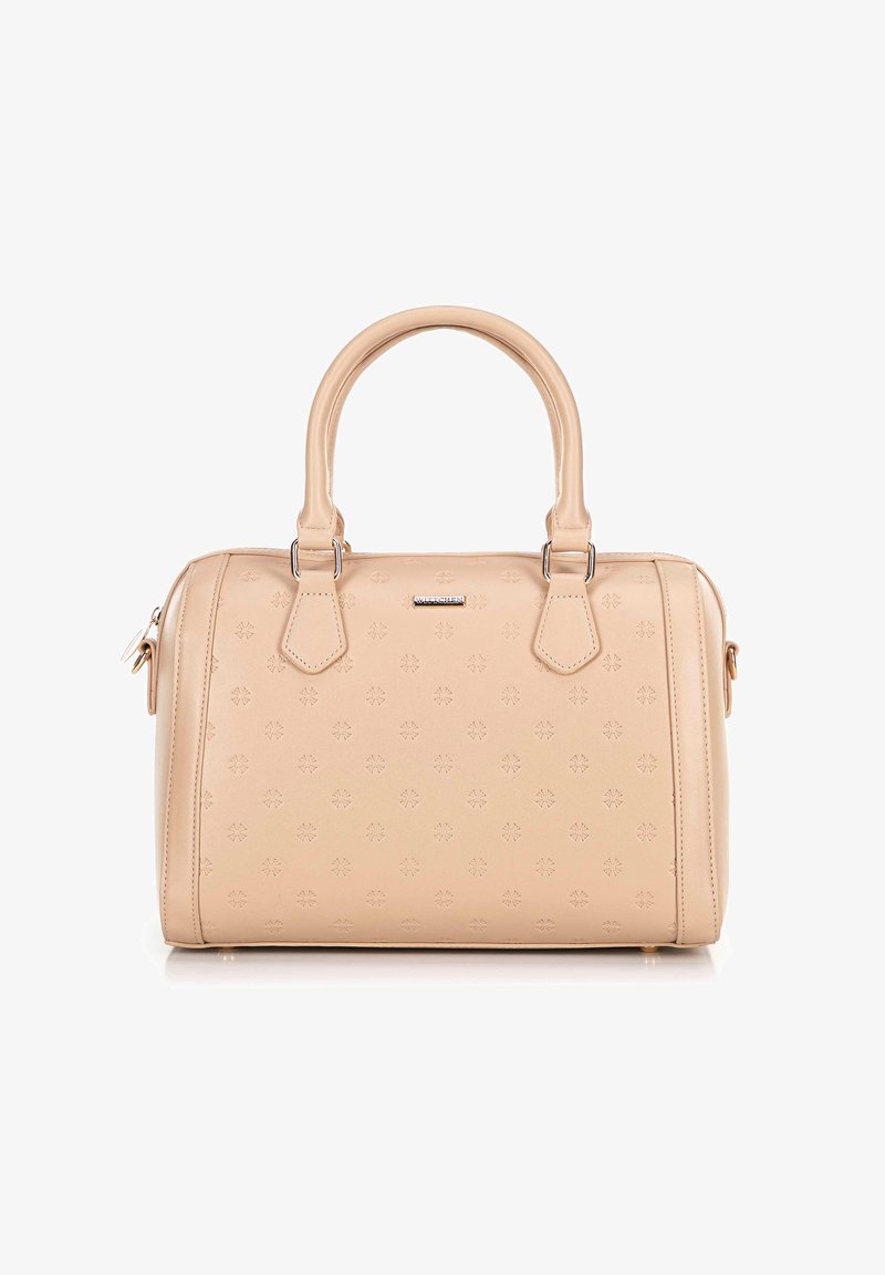 Borsa a mano in pelle beige con due manici superiori, motivo floreale impresso, accessori in argento e chiusura a zip sulla parte superiore. Forma rettangolare.