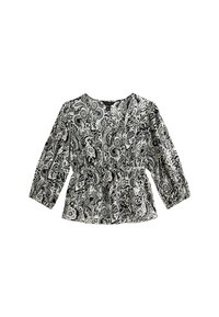Blouse à motifs floraux noirs et blancs avec manches longues bouffantes et taille froncée. Tissu léger à texture lisse.