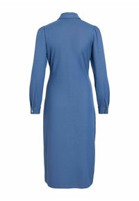 Robe bleue à manches longues, longueur genou, avec poignets boutonnés et col, vue de dos sur fond blanc.