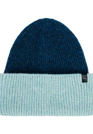 Knit beanie with a dark blue main body and light blue folded brim, featuring a small black label on the brim's edge.
