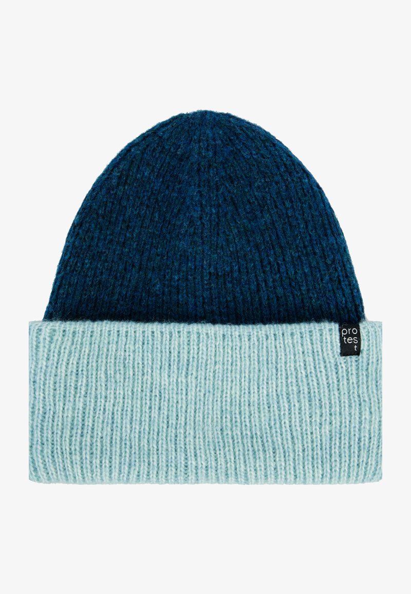 Dzianinowa czapka typu beanie o ciemnoniebieskim głównym kolorze i jasnoniebieskim podwinięciu, z małą czarną metką na krawędzi podwinięcia.