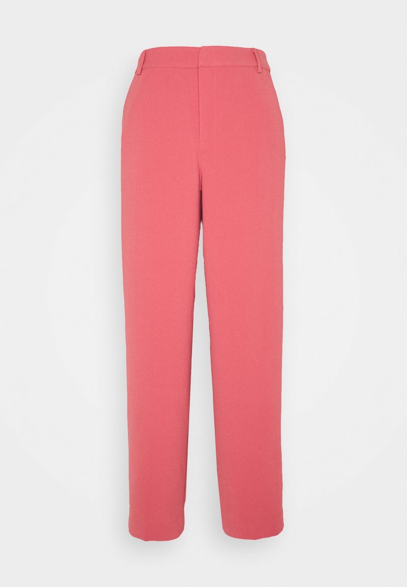 Pantalon taille haute, coupe droite, couleur corail uni, avec passants pour ceinture et fermeture avant cachée sur fond blanc.
