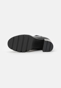 Mustan nahkakengän pohja, jossa on uritettu rakenne, suorakaiteen muotoinen kanta ja kaarevat reunat. Tasapohjainen, kestävä kumipohja, jossa on hienovarainen kiilto.