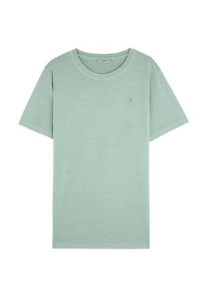 T-shirt in cotone verde chiaro con scollo rotondo, maniche corte e un piccolo logo ricamato sul petto. Tessuto morbido, vestibilità casual.