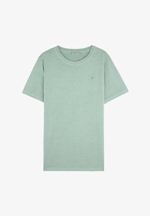 Lichtgroene katoenen t-shirt met een ronde halslijn, korte mouwen en een klein logo geborduurd op de borst. Soepele textuur, casual pasvorm.