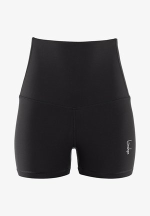 Shorts de bain noirs taille haute en tissu lisse et extensible, dotés de coutures plates et d'un petit logo dans le coin inférieur droit.