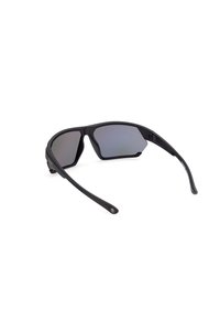 Ochelari de soare negri cu rame unghiulare și lentile reflectorizante. Design ușor, cu brațe drepte și detaliu subtil de branding.