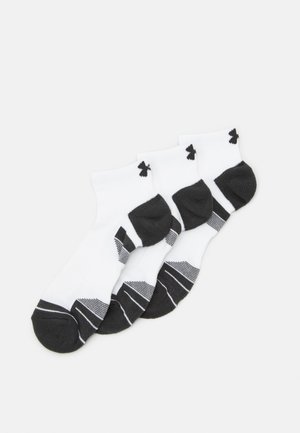 Three pairs of ankle socks in white and black, featuring a ribbed design, black toe and heel sections, with black logo accents.