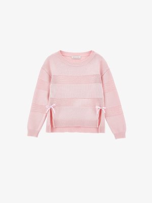 Pink knitted long-sleeve sweater with horizontal mesh stripes, crew neck, ribbed cuffs and hem, and small bows on both side slits.
