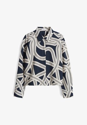 Hemd mit langen Ärmeln in Marineblau und Creme mit gemustertem Design, geknöpftem Kragen und abstrakter Liniengestaltung; aus Baumwollmischung, entspannte Passform.