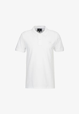 Weißes Poloshirt aus Baumwolle, mit klassischem Kragen, kurzen Ärmeln und einem kleinen gestickten Logo auf der linken Vorderseite.