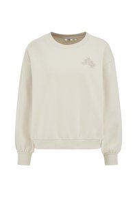 Cremefarbenes Sweatshirt mit Rundhalsausschnitt, gerippten Bündchen und Saum, mit einem kleinen, bestickten Blumendesign auf der linken Brust.