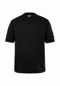 Sort kortærmet t-shirt i en afslappet pasform, med rund halsudskæring og et mærke med bogstavet "P" ved kraven. Ingen synlige mønstre.