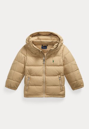 Beežist vooderdatud kapuutsiga jope esikinnituse, kahe tõmblukuga tasku ja rohelise brodeeritud Polo Ralph Laureni logoga rinnal.