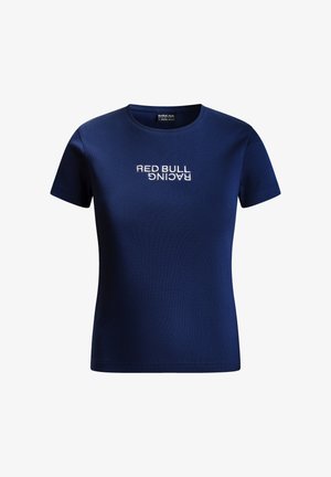 Tamno plava pamučna majica s kratkim rukavima, koja ima rebrastu teksturu i bijelu izvezenu "RED BULL RACING" oznaku sprijeda.