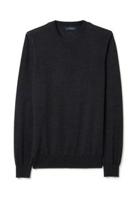 Maglione grigio scuro realizzato in un morbido tessuto a maglia fine. Presenta un classico collo rotondo, maniche lunghe e polsini e orlo a coste.