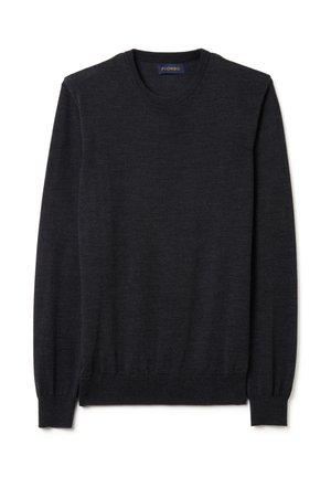 Dunkelgrauer Pullover aus einem feinen Strickmaterial. Verfügt über einen klassischen Rundhalsausschnitt, lange Ärmel sowie gerippte Bündchen und Saum.