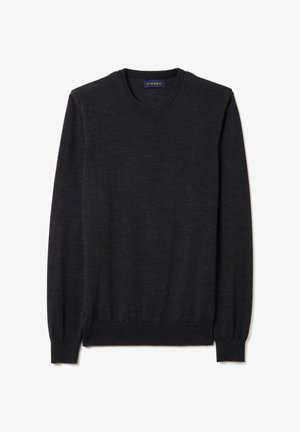 Maglione grigio scuro realizzato in un morbido tessuto a maglia fine. Presenta un classico collo rotondo, maniche lunghe e polsini e orlo a coste.