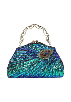 Borsetta portatile decorata con paillettes blu e verdi a motivo di piuma di pavone, con manico in metallo dorato e ornato.
