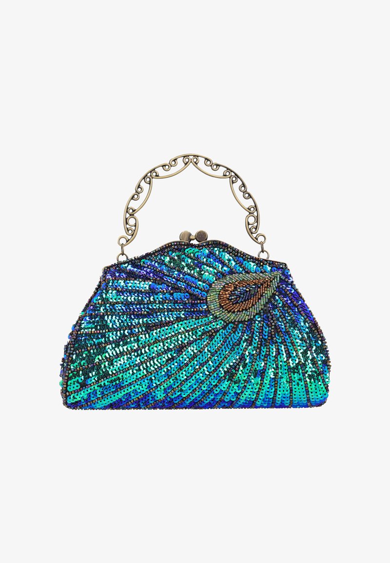 Kézi táska kék és zöld flitterekkel díszítve, pávatoll mintával, díszes aranyszínű fém fogantyúval.