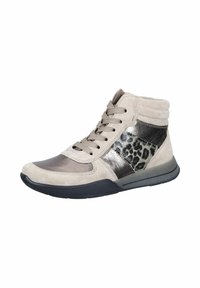 High-top sneaker made of beige suede with metallic gray accents and a leopard print side panel. Features a rubber sole and lace closure.