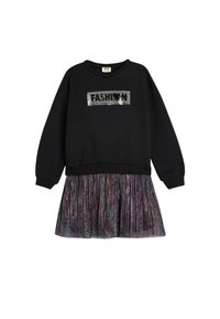 Felpa nera con testo in paillettes "FASHION", maniche lunghe e gonna in tulle multicolore con design a pieghe.