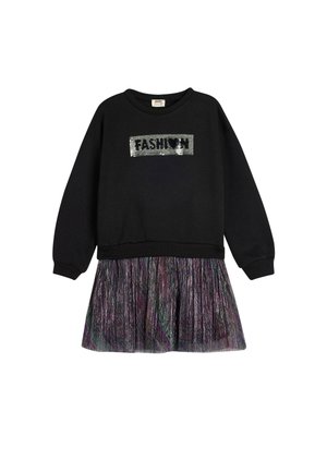 Felpa nera con testo in paillettes "FASHION", maniche lunghe e gonna in tulle multicolore con design a pieghe.