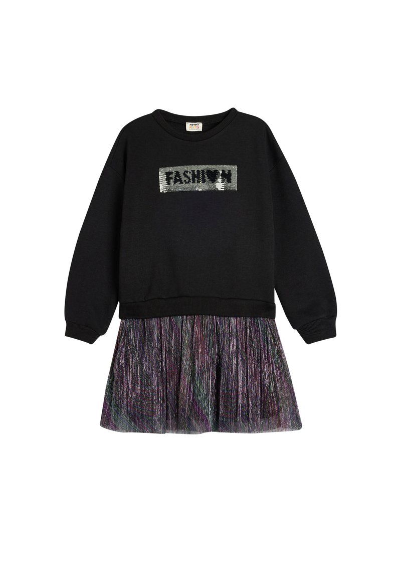 Felpa nera con testo in paillettes "FASHION", maniche lunghe e gonna in tulle multicolore con design a pieghe.