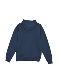 Felpa blu navy, realizzata in cotone, presenta una tasca a marsupio, cappuccio con cordino e polsini e orlo a coste. Texture liscia, design classico.